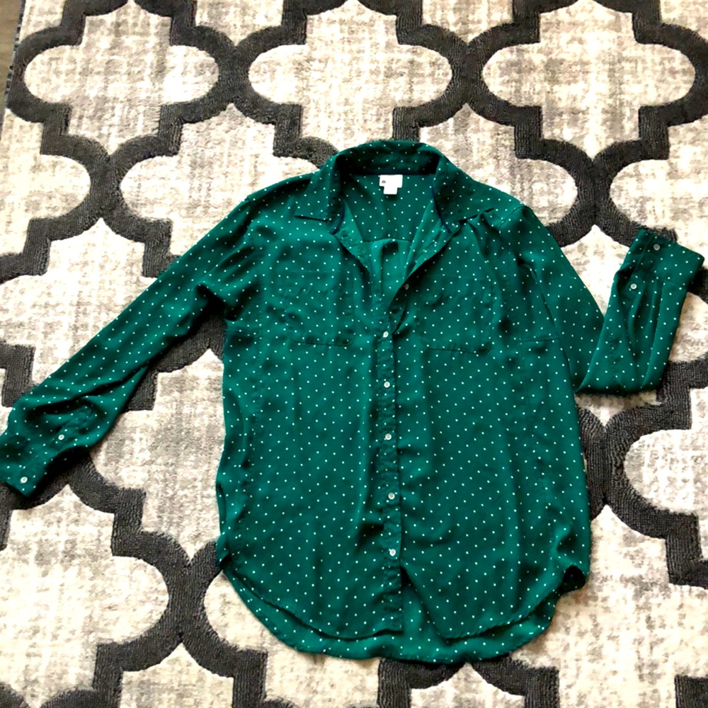Long Sleeved Green Polka Dot Button-Down Blouse